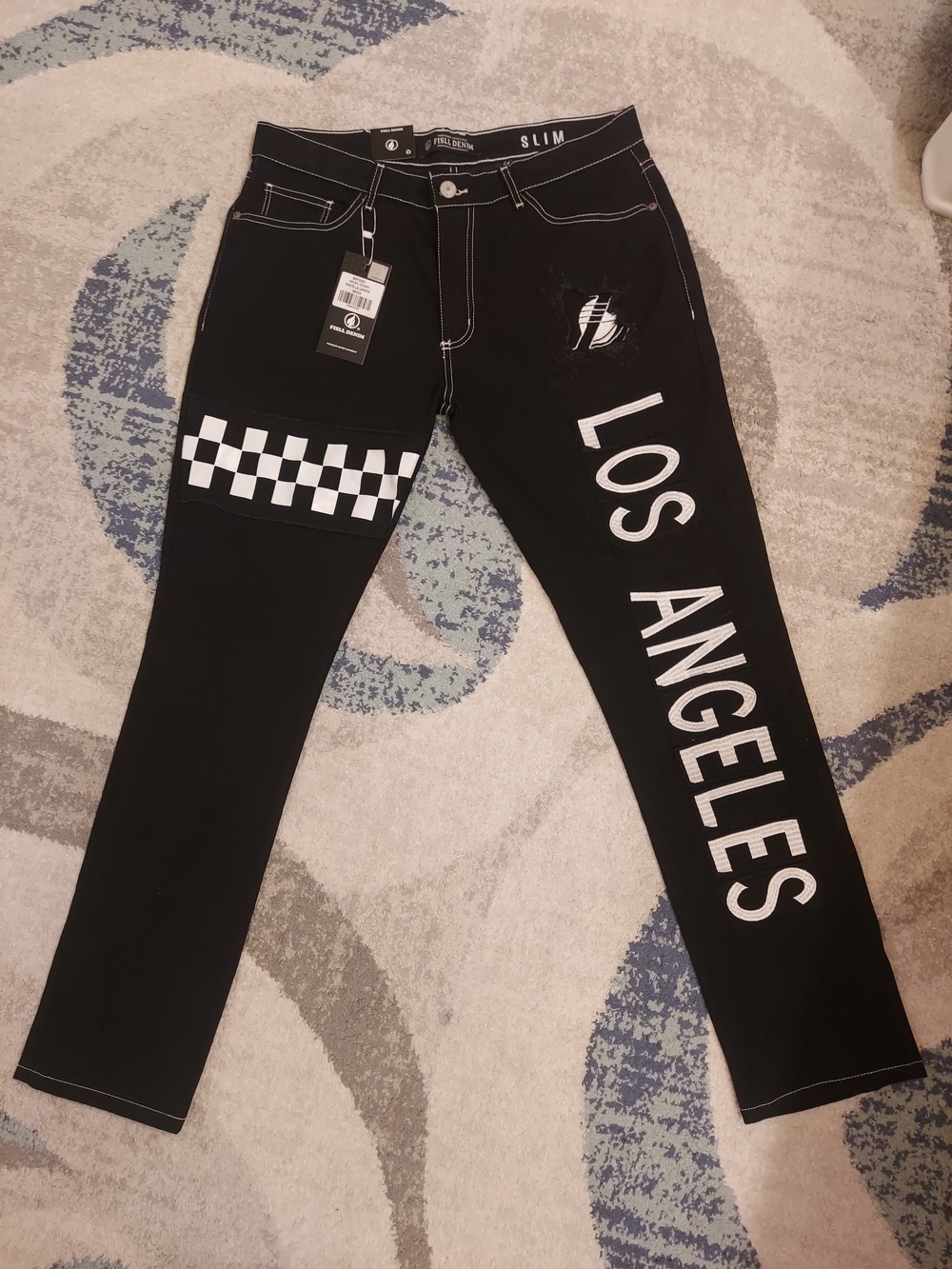 Black 'Los Angeles Lakers' Slim Jeans with Checkerboard Detail